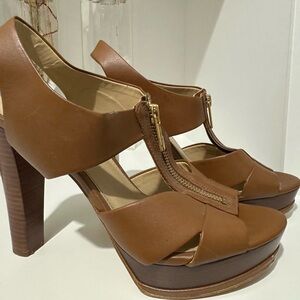 Bold Brown Platform Heels with T-Strap Design-Michael Kors